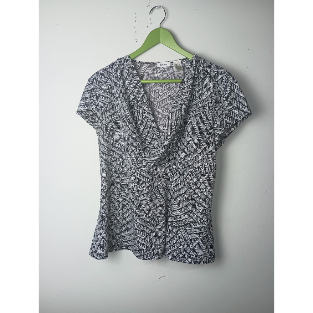 Liz & Co Womens Black‎ White Geometric Faux Wrap Deep V-Neck Top Large Y2K